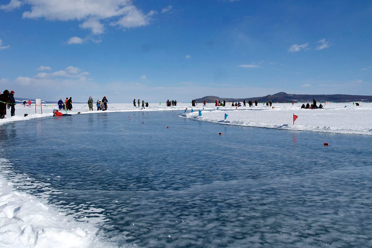Ice skating in Khovsgol lake