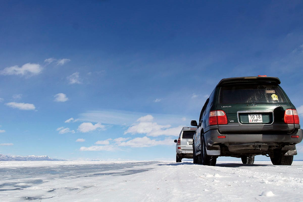 Jeep drive on frozen lake